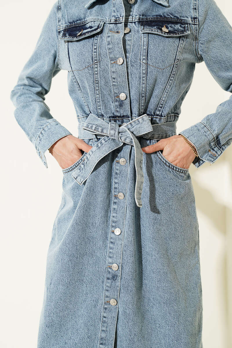 Belted Denim Midi Dress - Denim Blue