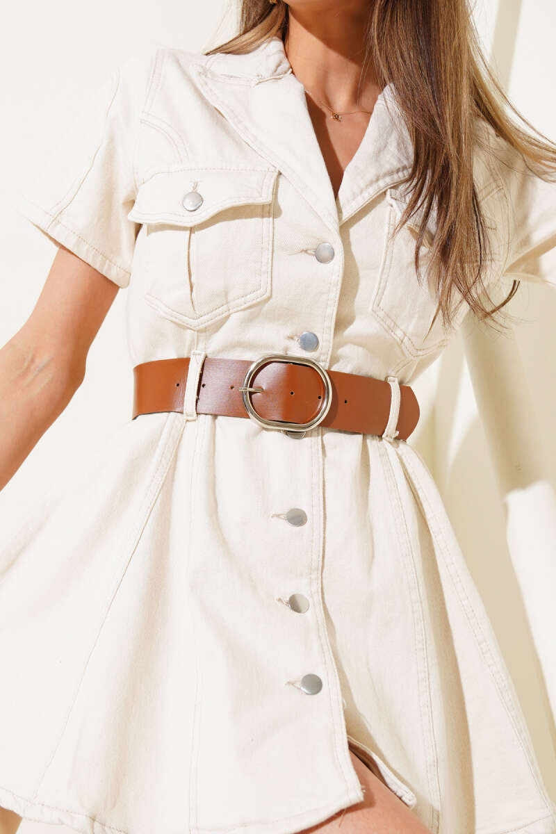 Belted Denim Mini Dress - Beige