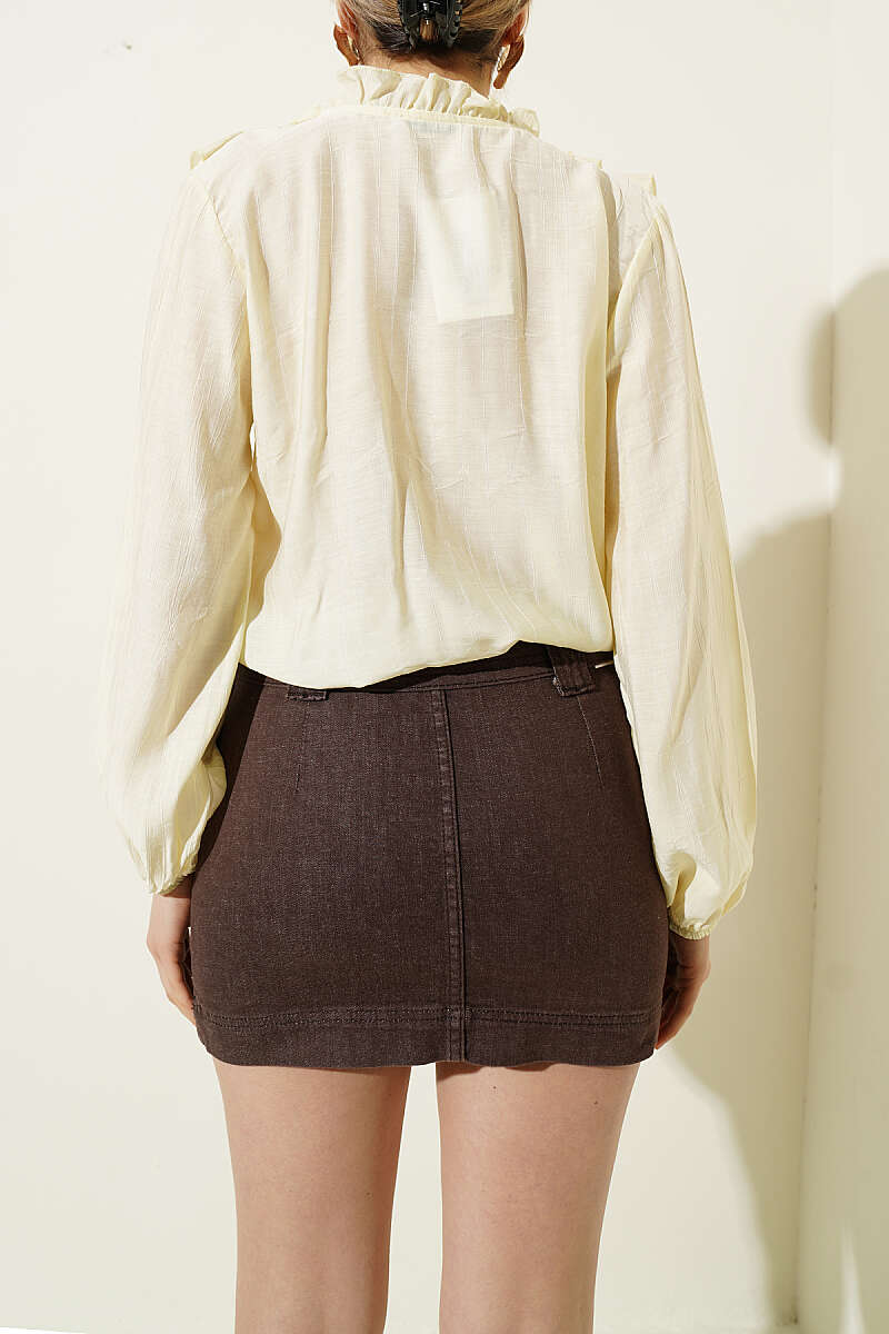 Belted Denim Mini Skirt - Brown