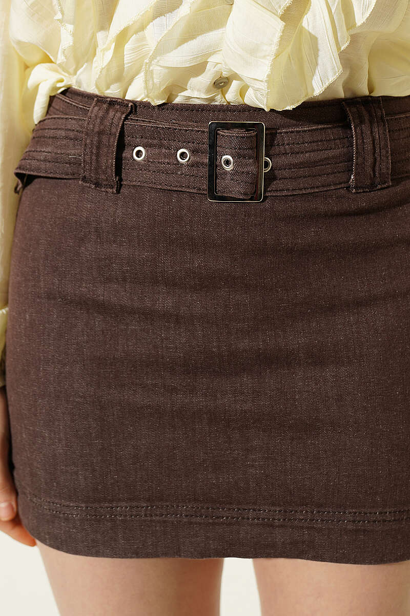 Belted Denim Mini Skirt - Brown