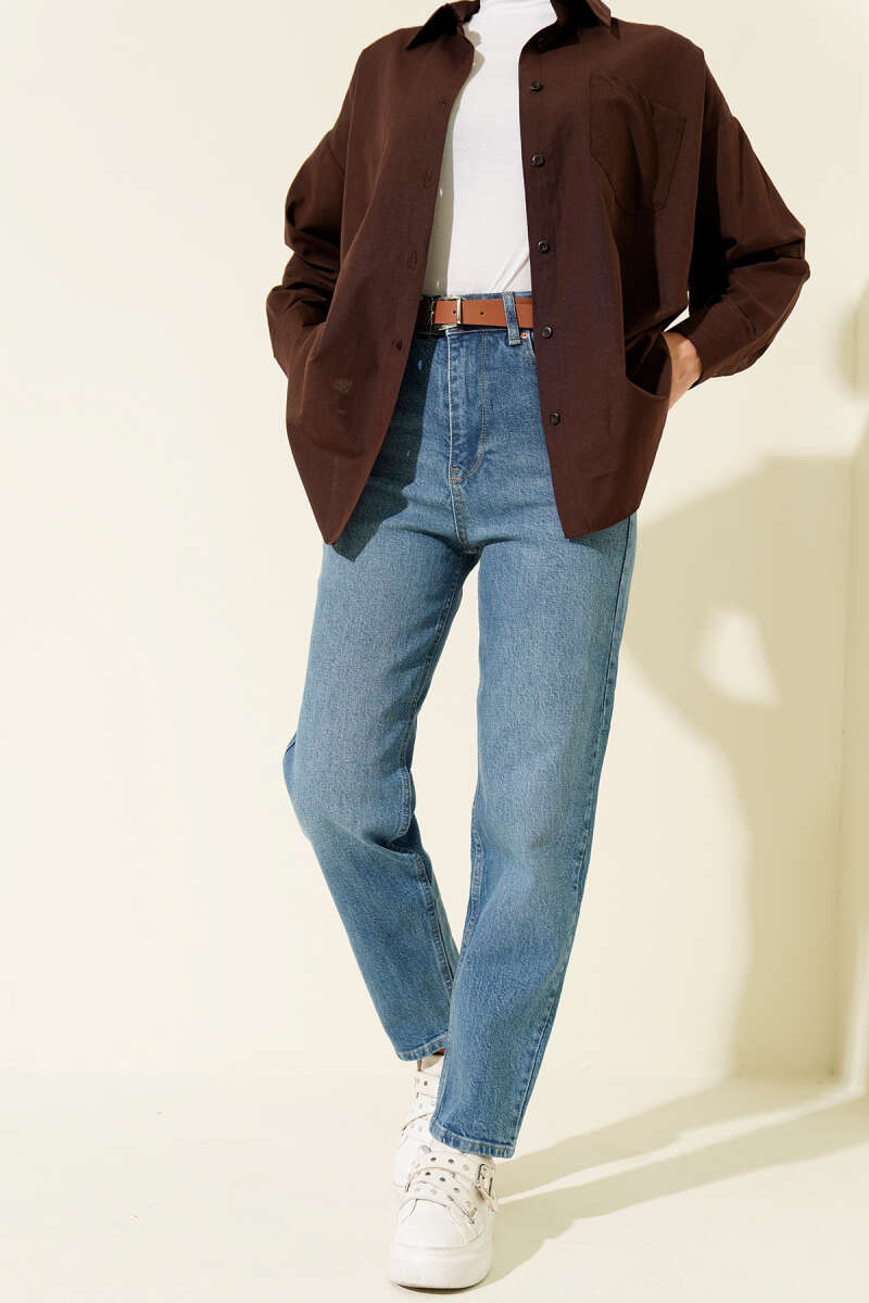 Belted Mom Jeans - Light Blue
