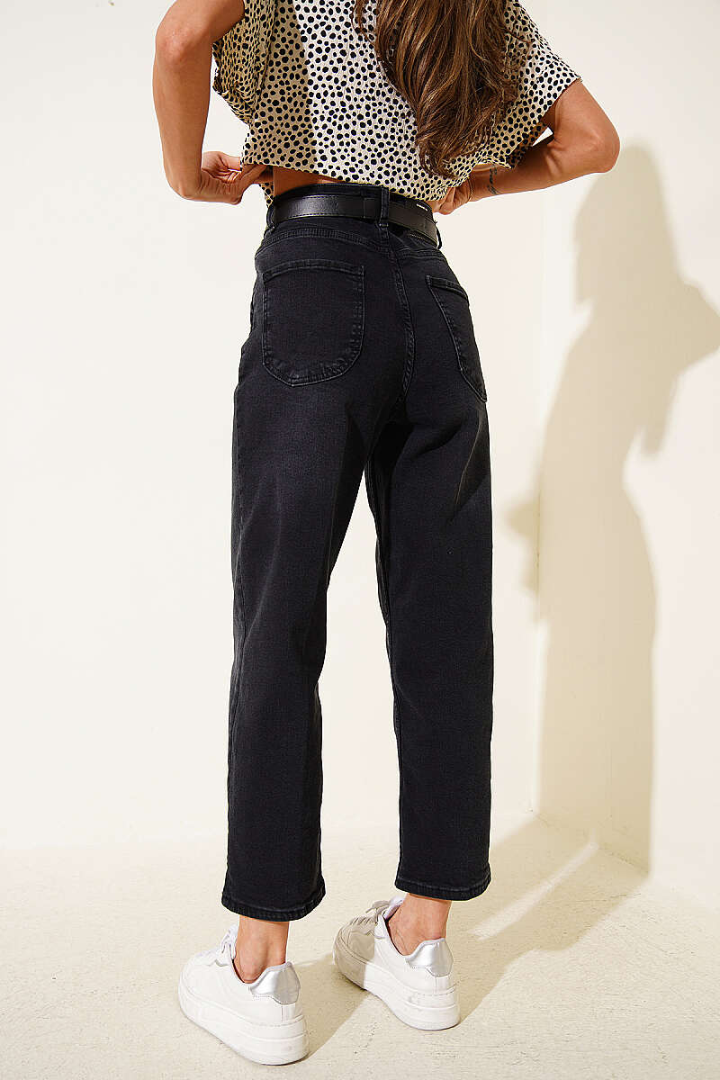 Belted Mom Jeans - Smoke Grey