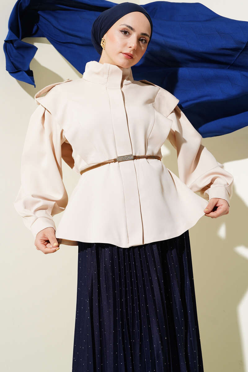 Belted Jacket with Shoulder Epaulettes - Beige