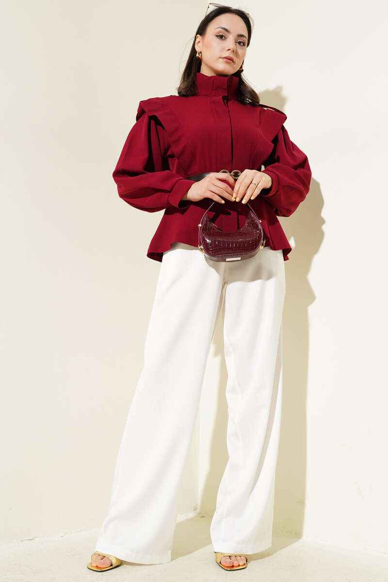 Belted Jacket with Shoulder Epaulettes - Burgundy