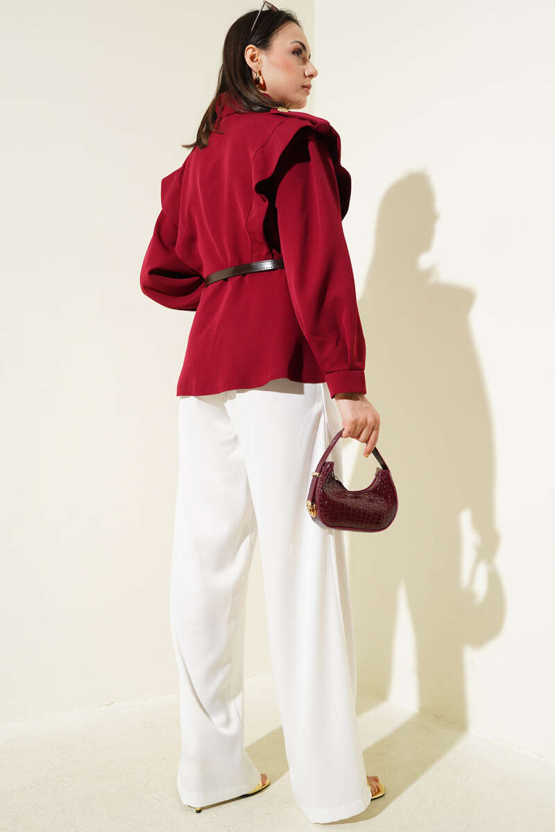 Belted Jacket with Shoulder Epaulettes - Burgundy