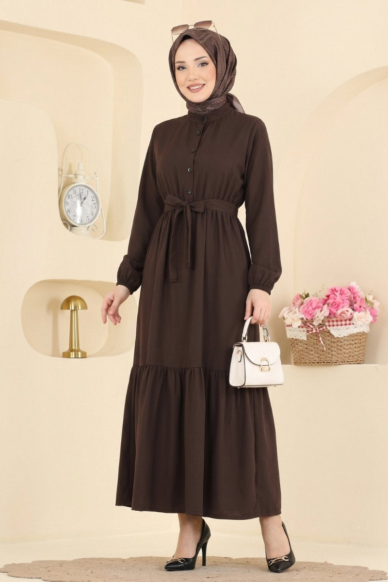 Belted Button-Front Viscose Dress - Dark Brown