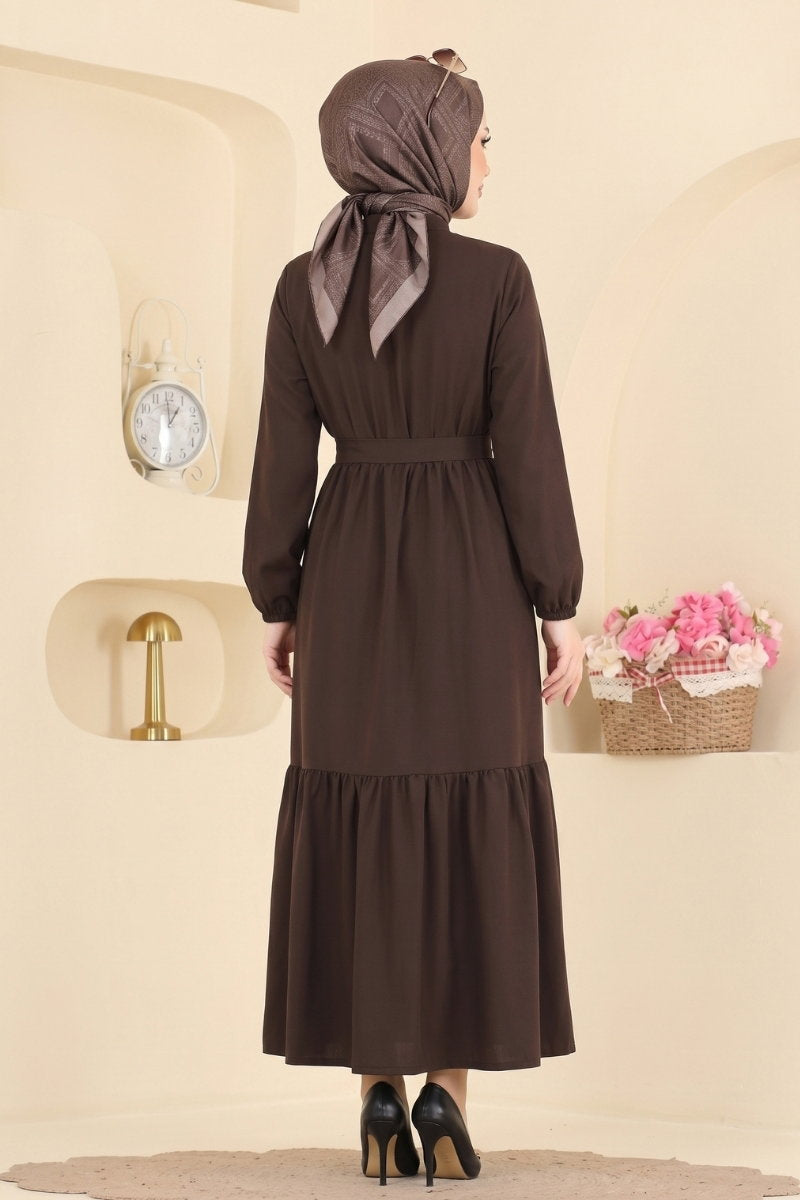 Belted Button-Front Viscose Dress - Dark Brown