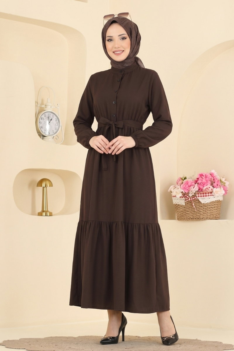 Belted Button-Front Viscose Dress - Dark Brown
