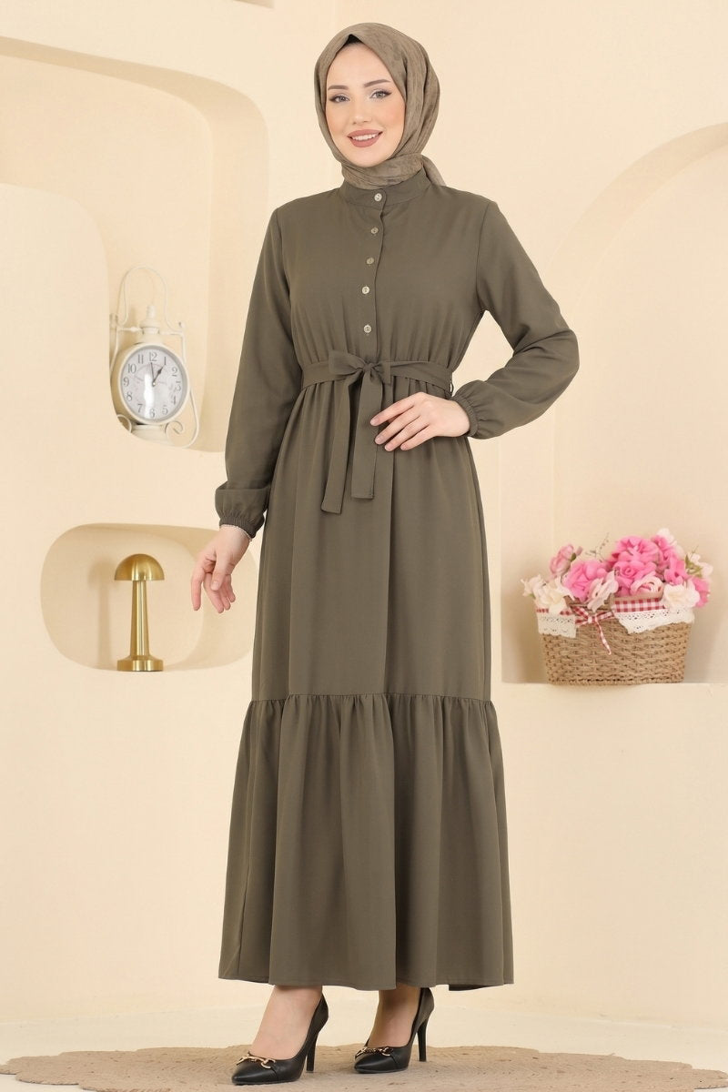 Belted Button-Front Viscose Dress - Khaki