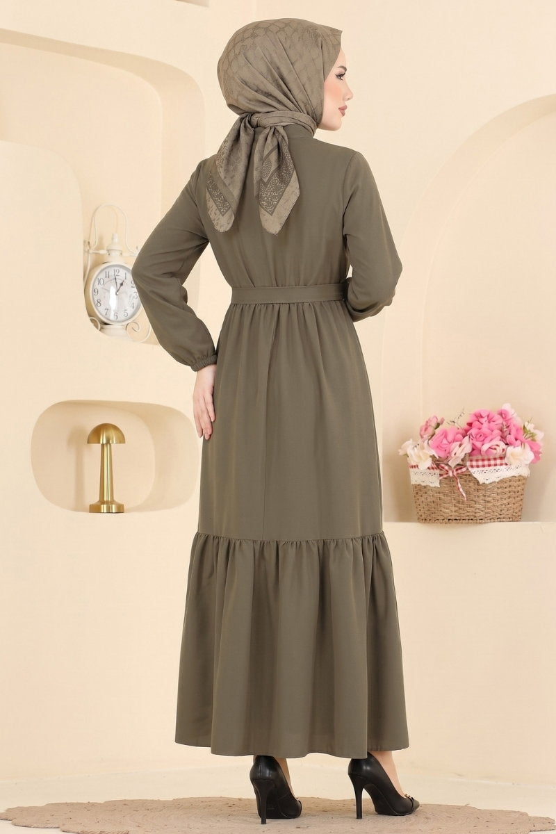 Belted Button-Front Viscose Dress - Khaki