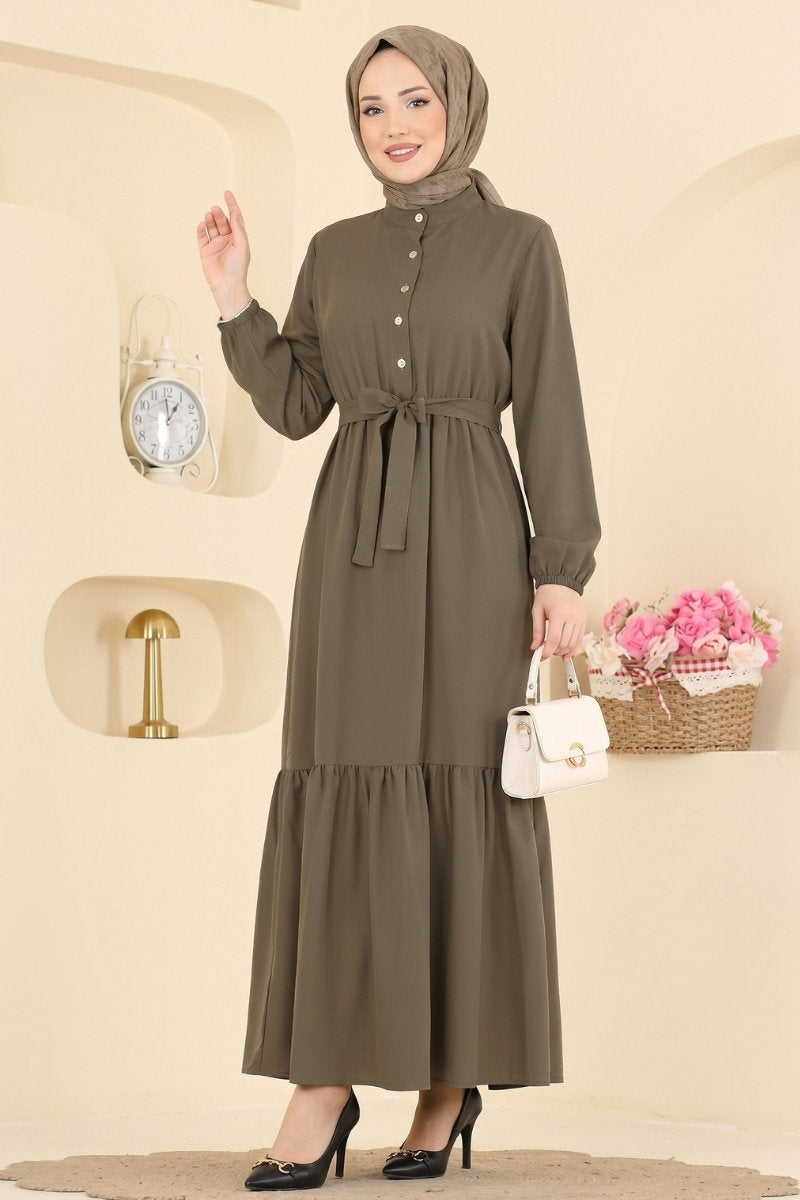 Belted Button-Front Viscose Dress - Khaki