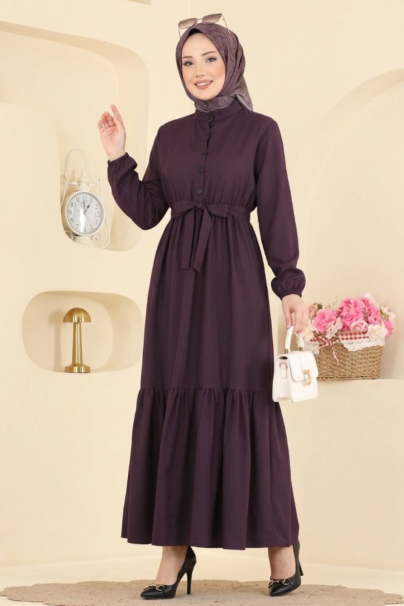 Belted Button-Front Viscose Dress - Plum