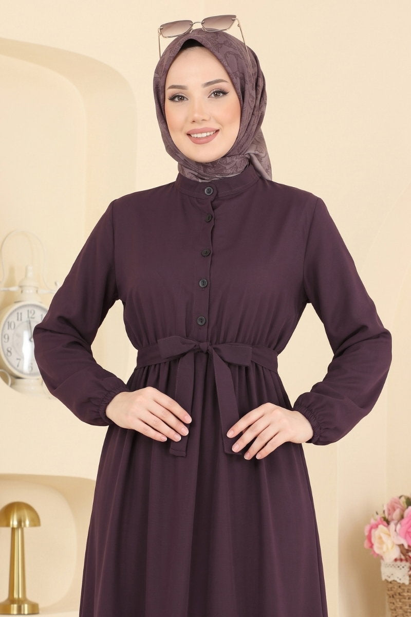 Belted Button-Front Viscose Dress - Plum