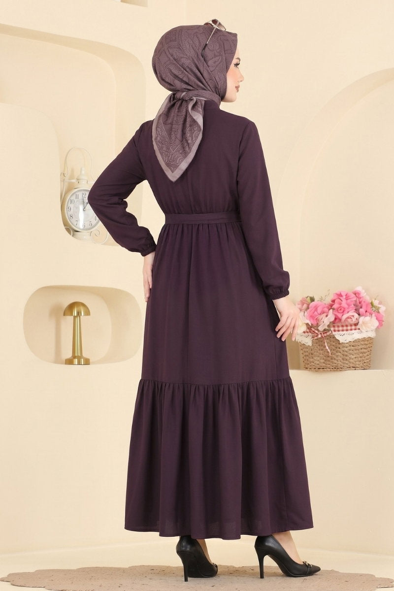 Belted Button-Front Viscose Dress - Plum