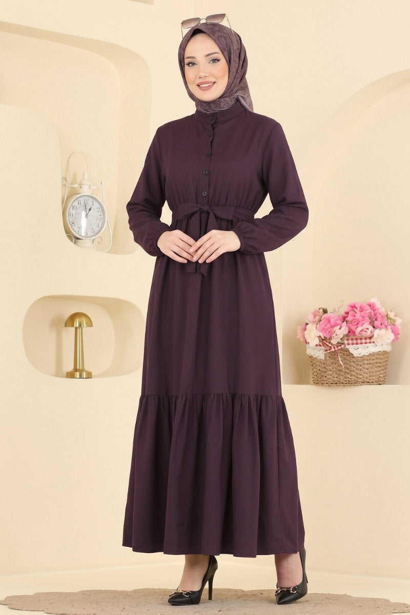 Belted Button-Front Viscose Dress - Plum