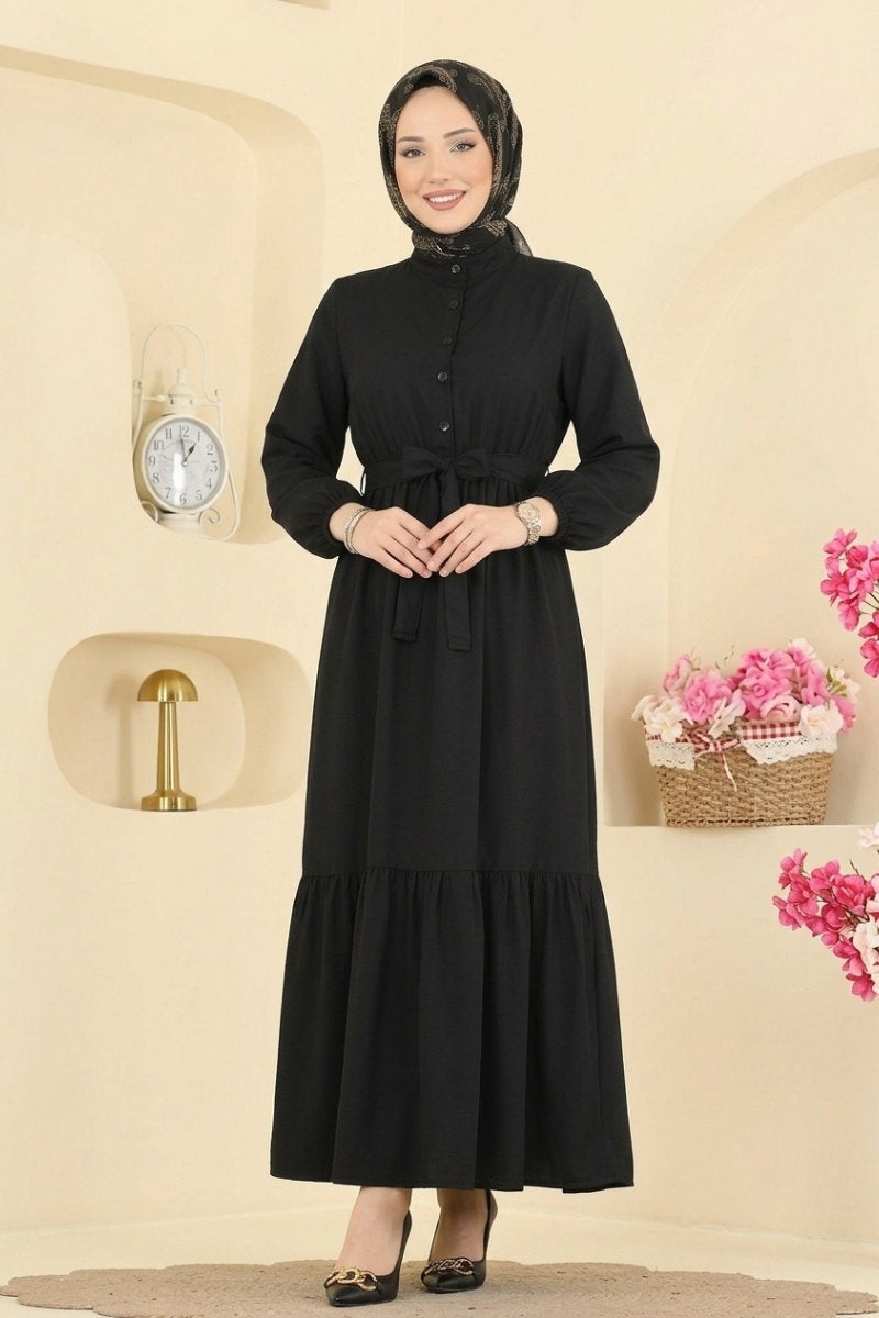 Belted Button-Front Viscose Dress - Black