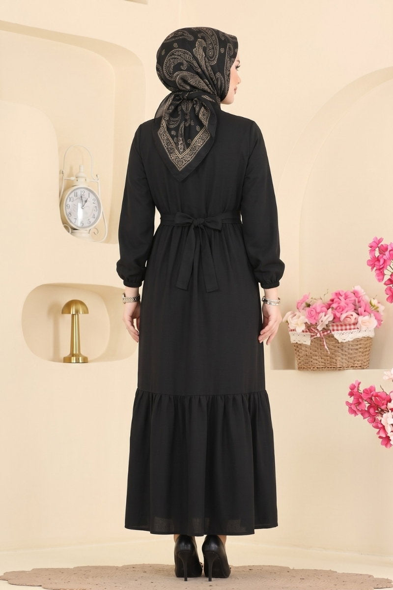 Belted Button-Front Viscose Dress - Black