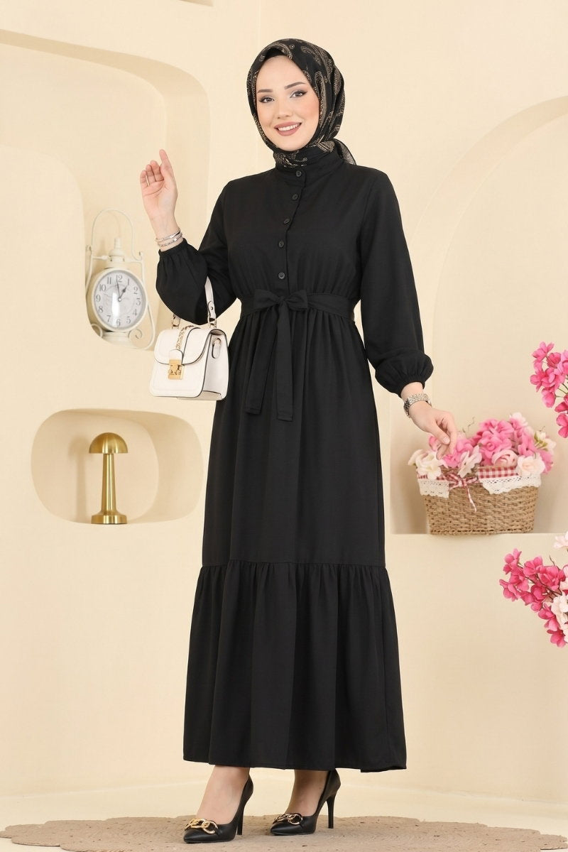 Belted Button-Front Viscose Dress - Black