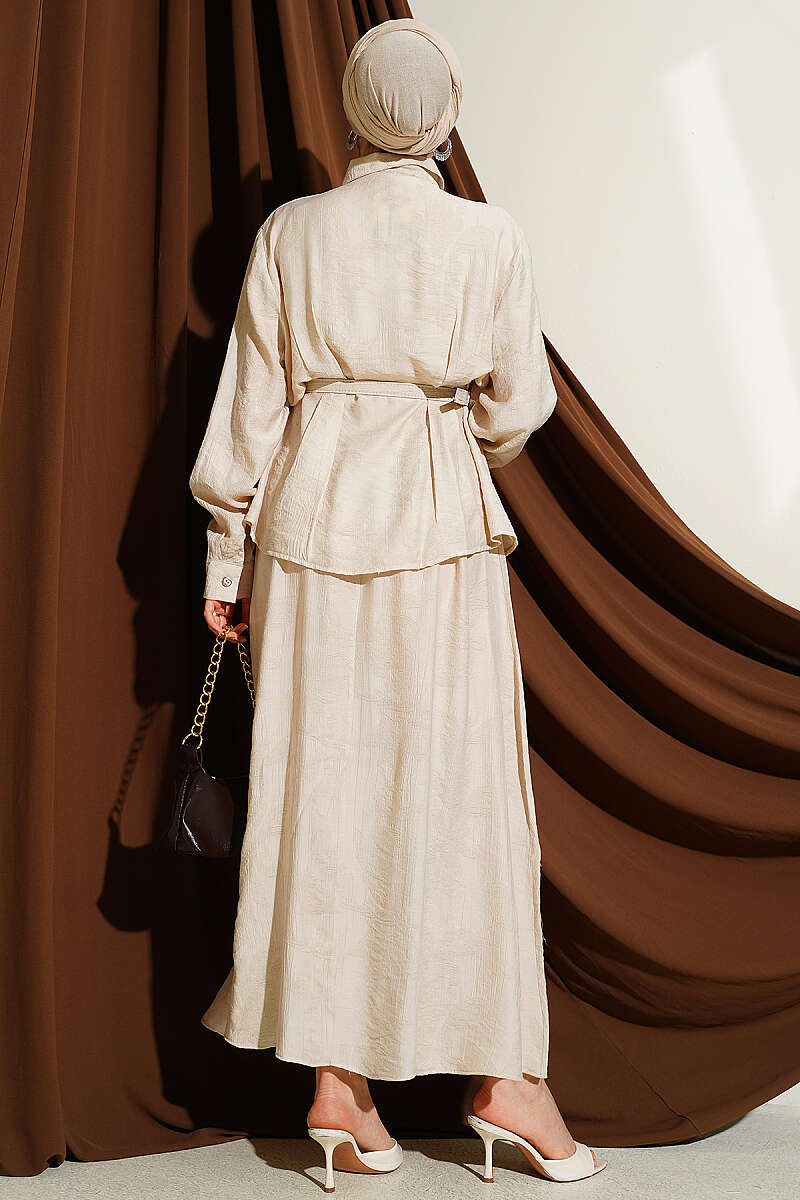 Belted Paisley Two-Piece Skirt Set - Beige