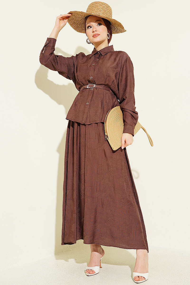 Belted Paisley Two-Piece Skirt Set - Brown