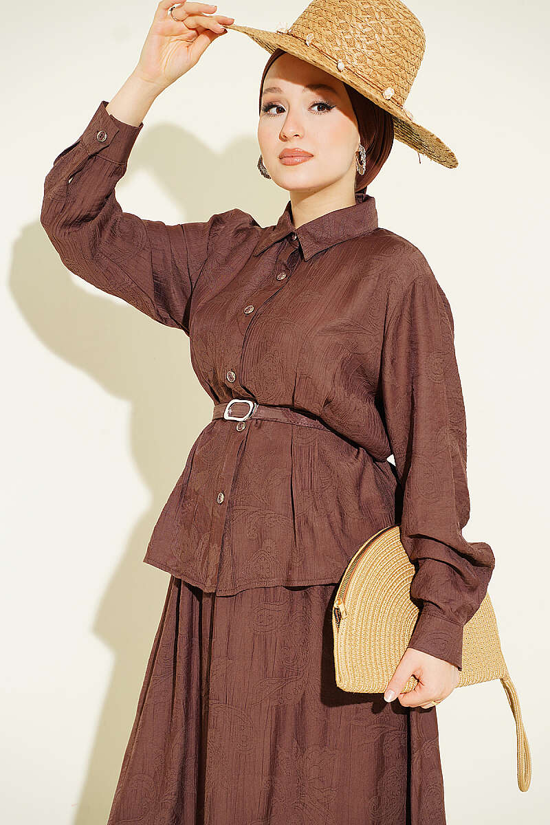 Belted Paisley Two-Piece Skirt Set - Brown