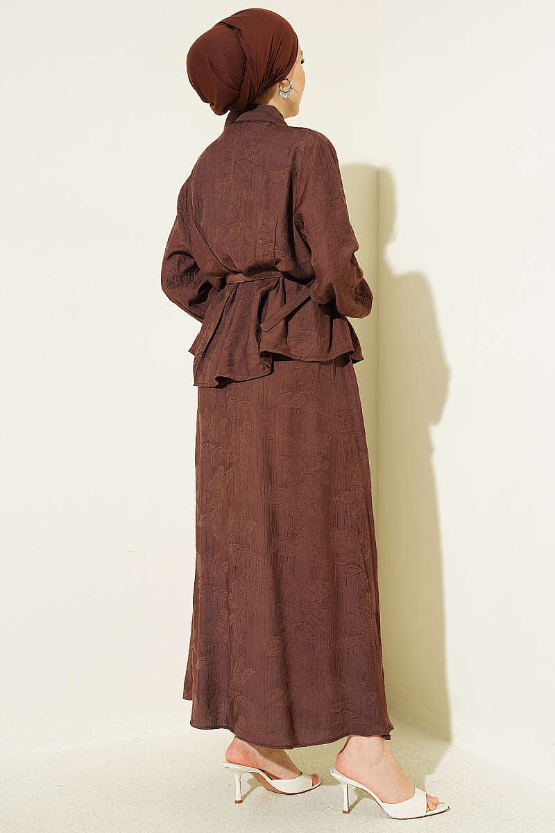 Belted Paisley Two-Piece Skirt Set - Brown