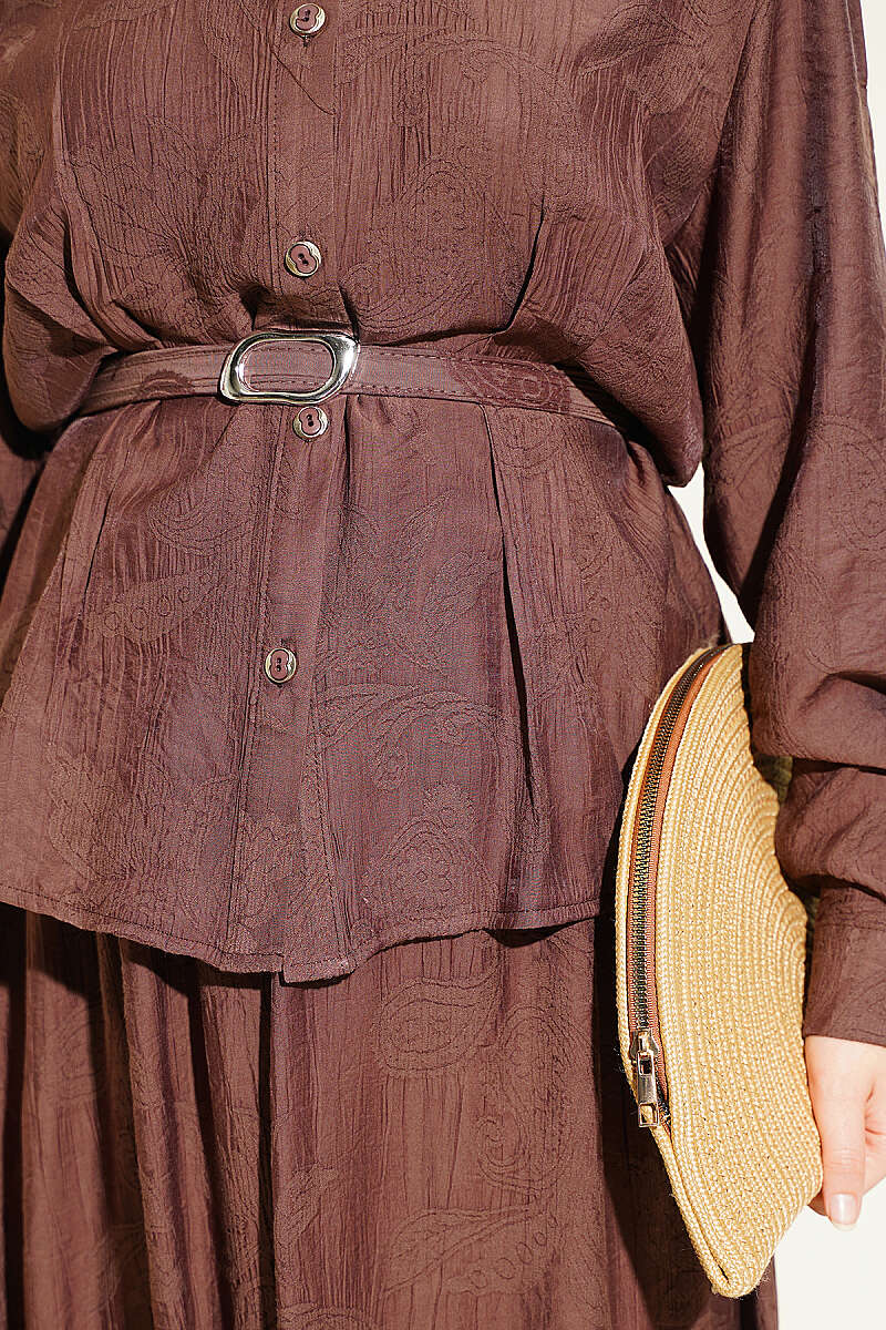 Belted Paisley Two-Piece Skirt Set - Brown