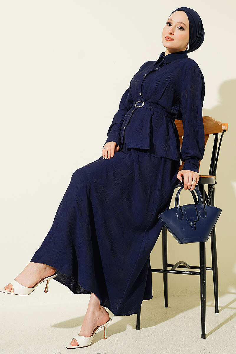 Belted Paisley Two-Piece Skirt Set - Navy
