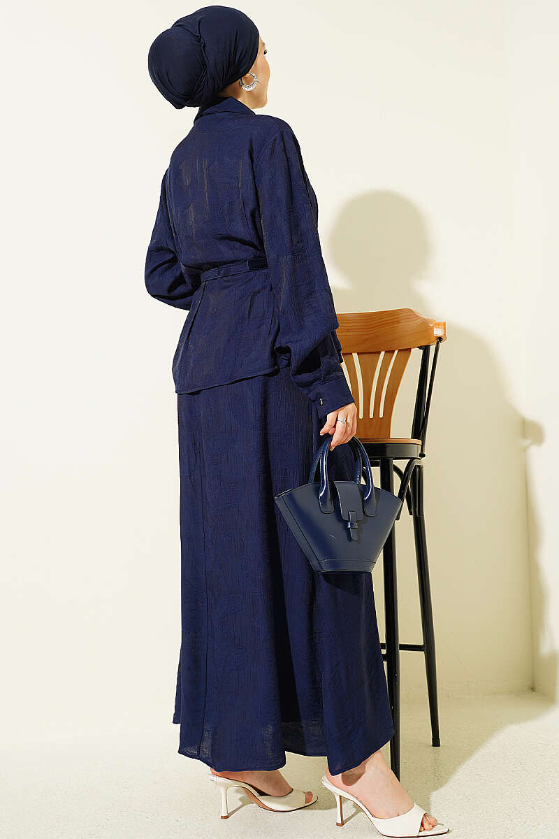 Belted Paisley Two-Piece Skirt Set - Navy