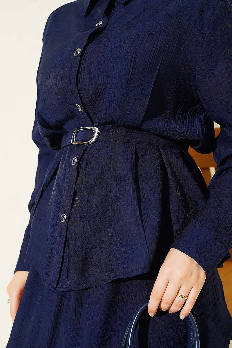 Belted Paisley Two-Piece Skirt Set - Navy