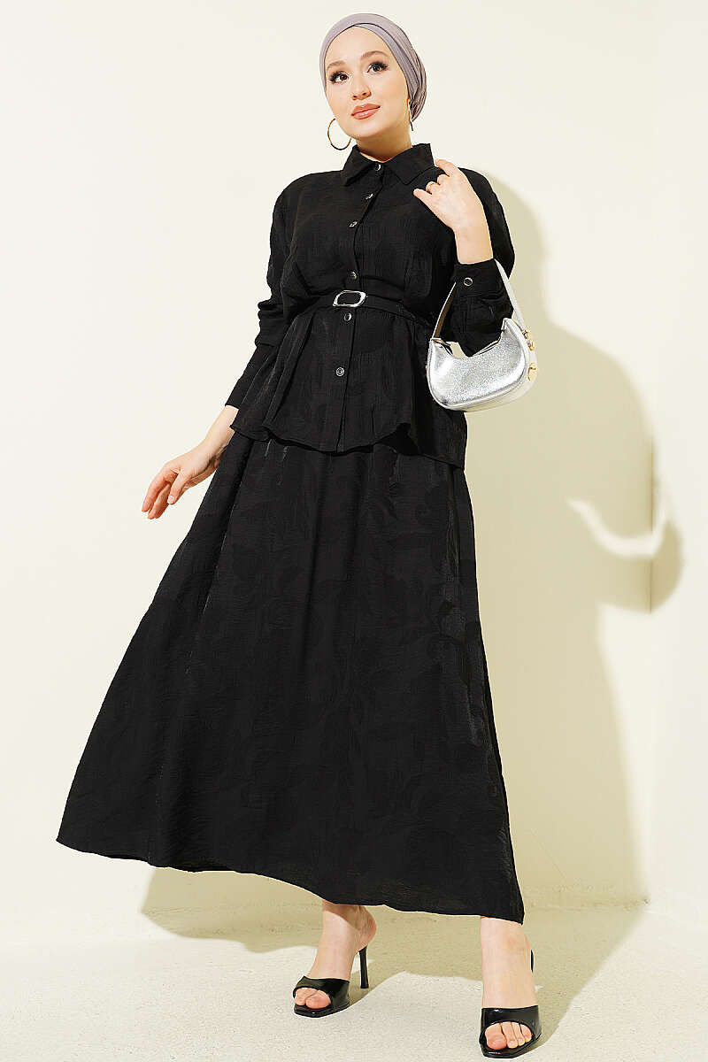Belted Paisley Two-Piece Skirt Set - Black