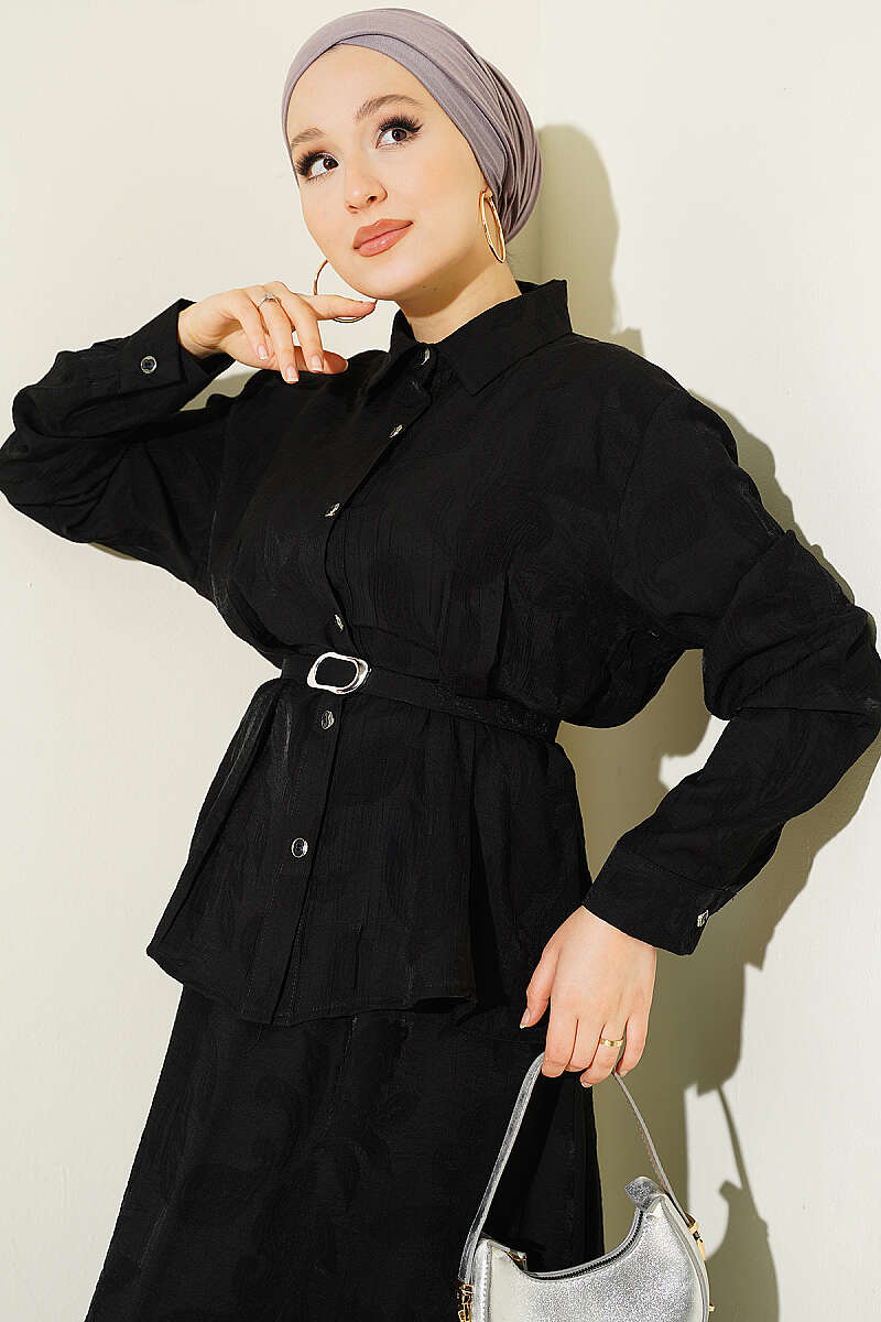 Belted Paisley Two-Piece Skirt Set - Black