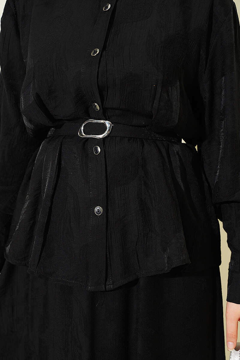 Belted Paisley Two-Piece Skirt Set - Black