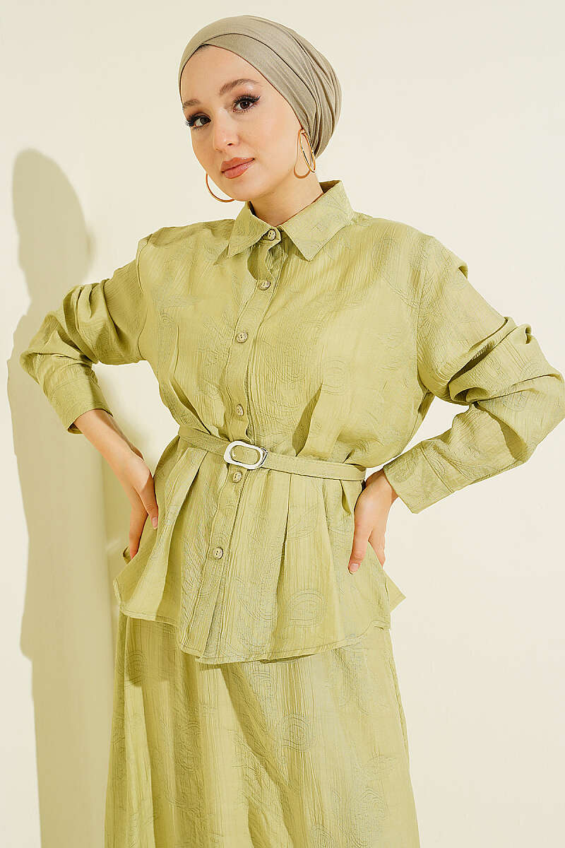 Belted Paisley Two-Piece Skirt Set - Aqua Green