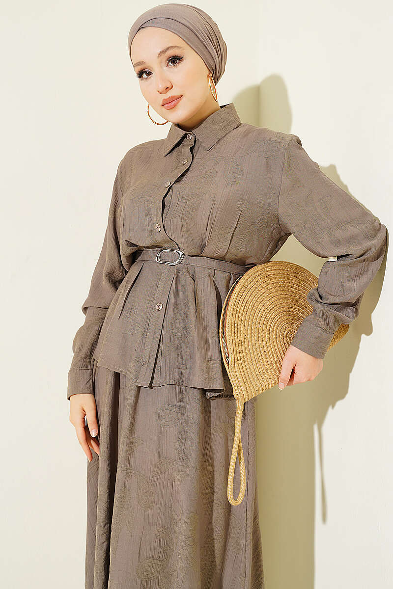 Belted Paisley Two-Piece Skirt Set - Mink