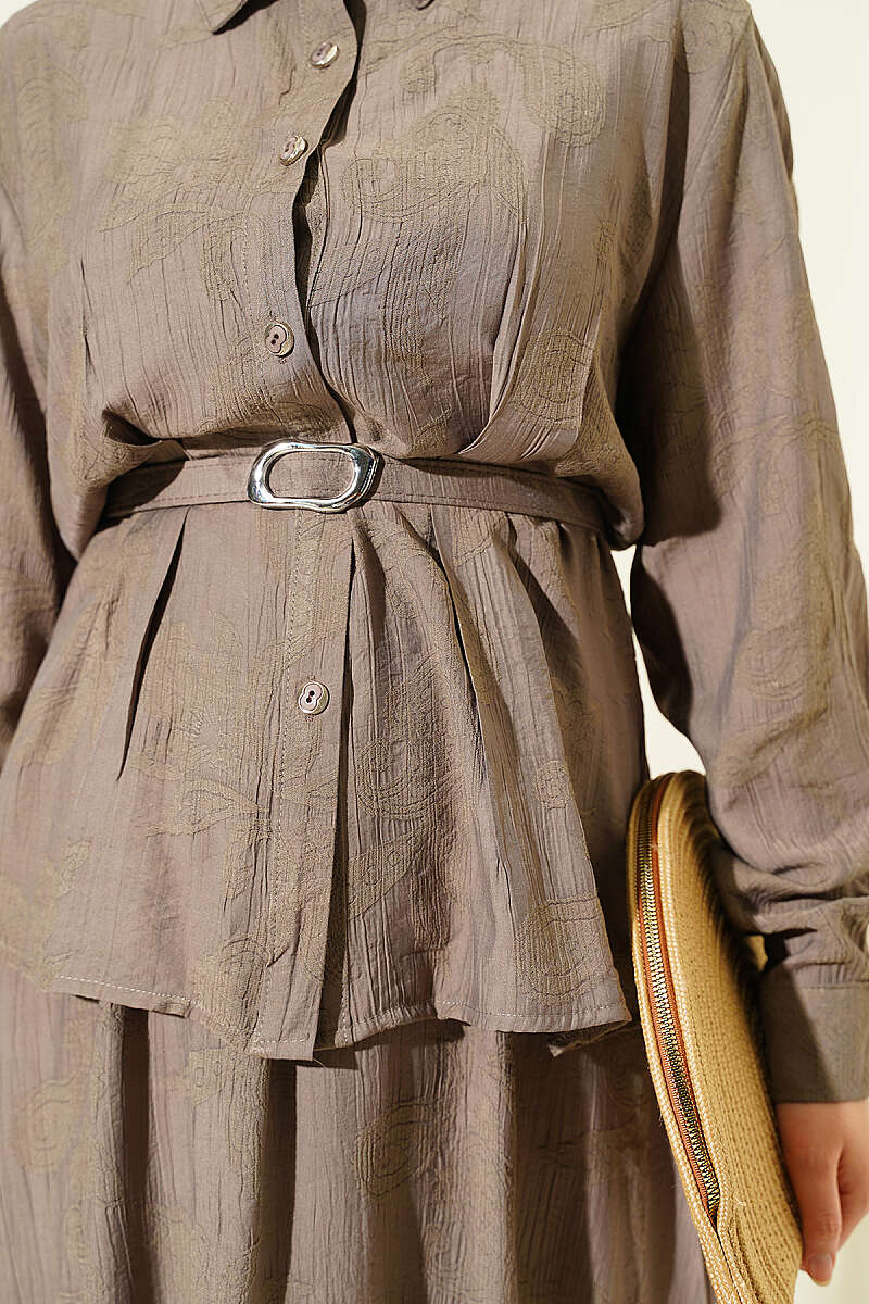 Belted Paisley Two-Piece Skirt Set - Mink