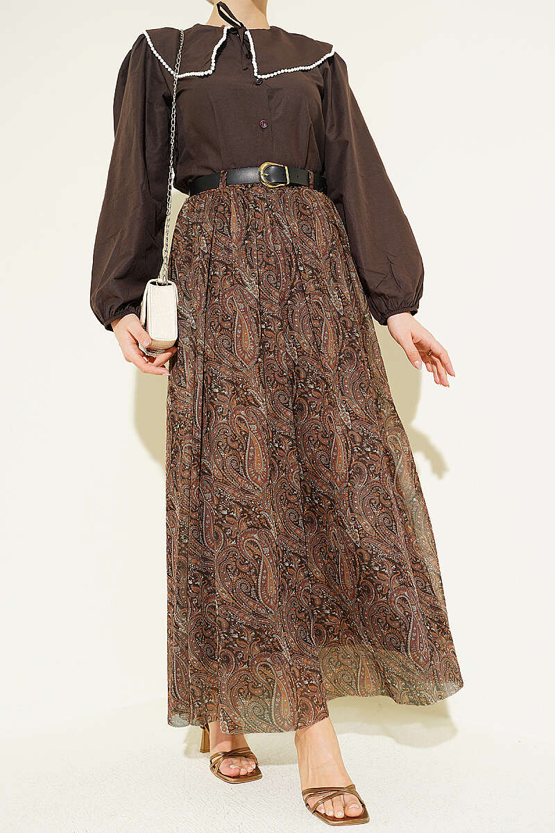 Belted Paisley Chiffon Skirt - Brown
