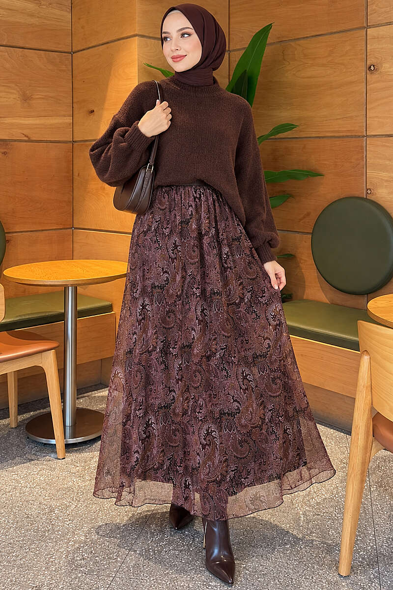 Belted Paisley Chiffon Skirt - Dark Brown