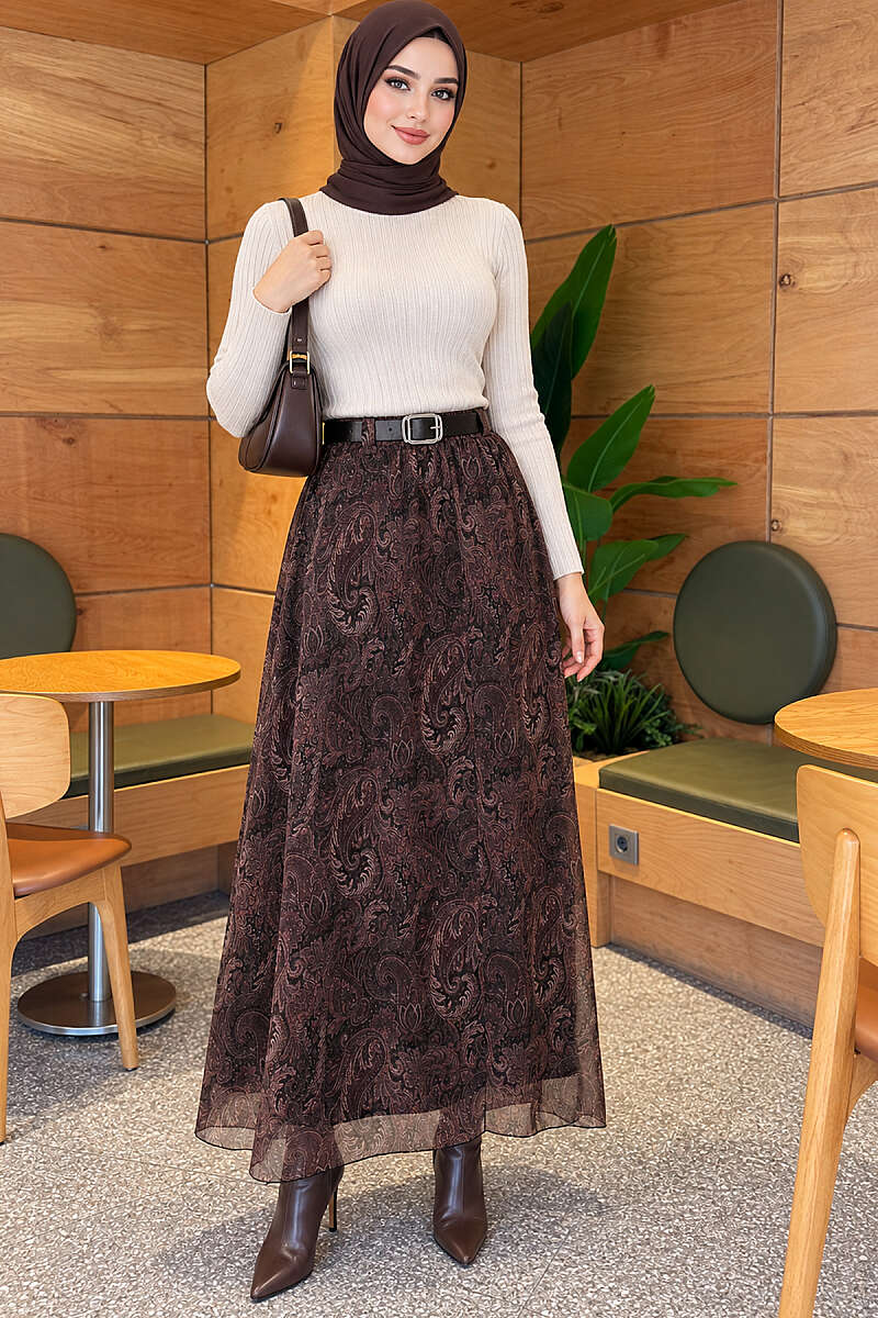 Belted Paisley Chiffon Skirt - Khaki