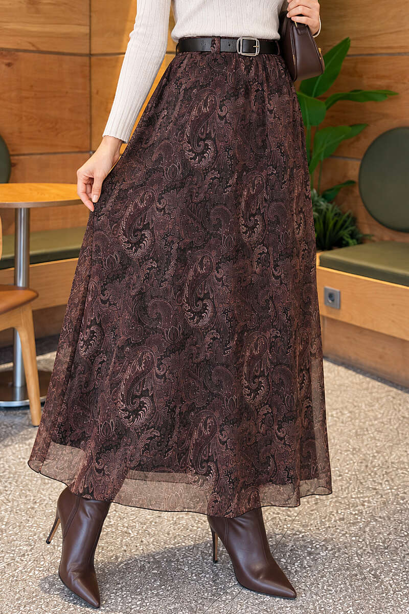 Belted Paisley Chiffon Skirt - Khaki