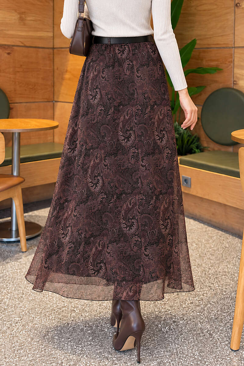 Belted Paisley Chiffon Skirt - Khaki