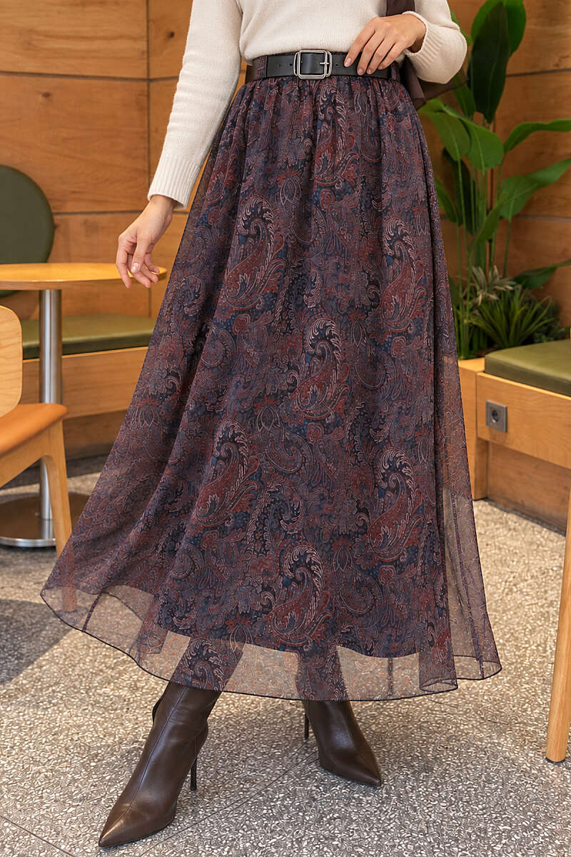 Belted Paisley Chiffon Skirt - Navy