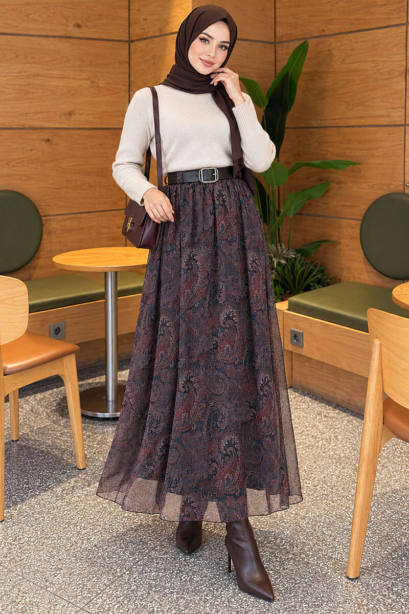 Belted Paisley Chiffon Skirt - Navy