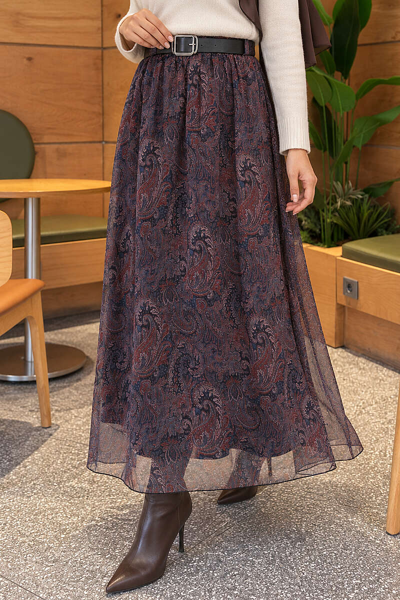 Belted Paisley Chiffon Skirt - Navy