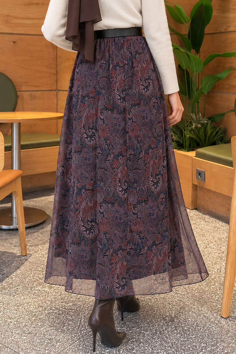 Belted Paisley Chiffon Skirt - Navy