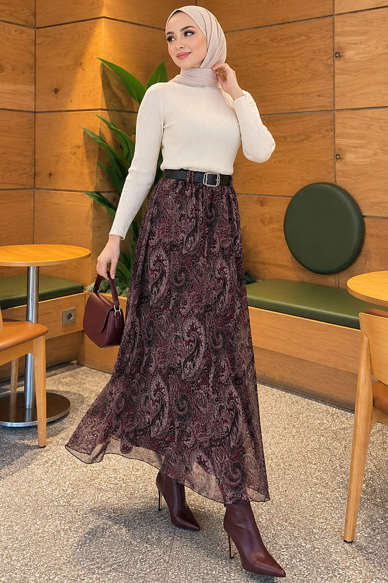 Belted Paisley Chiffon Skirt - Plum