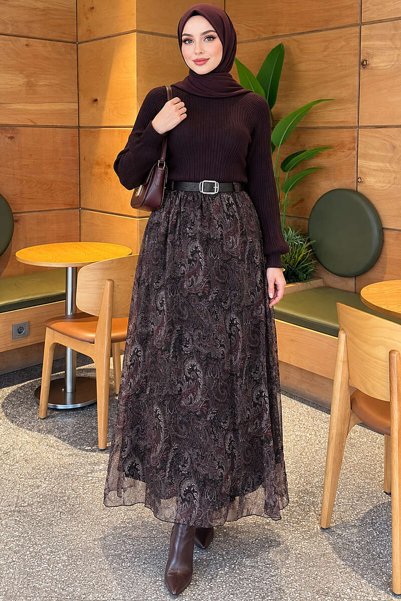 Belted Paisley Chiffon Skirt - Black