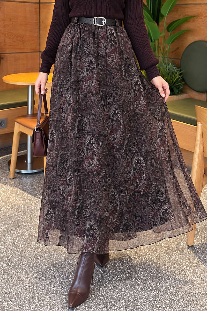 Belted Paisley Chiffon Skirt - Black