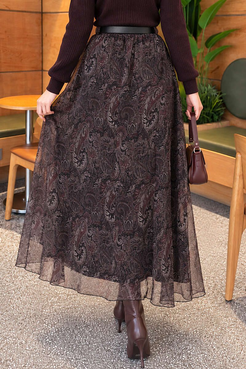 Belted Paisley Chiffon Skirt - Black
