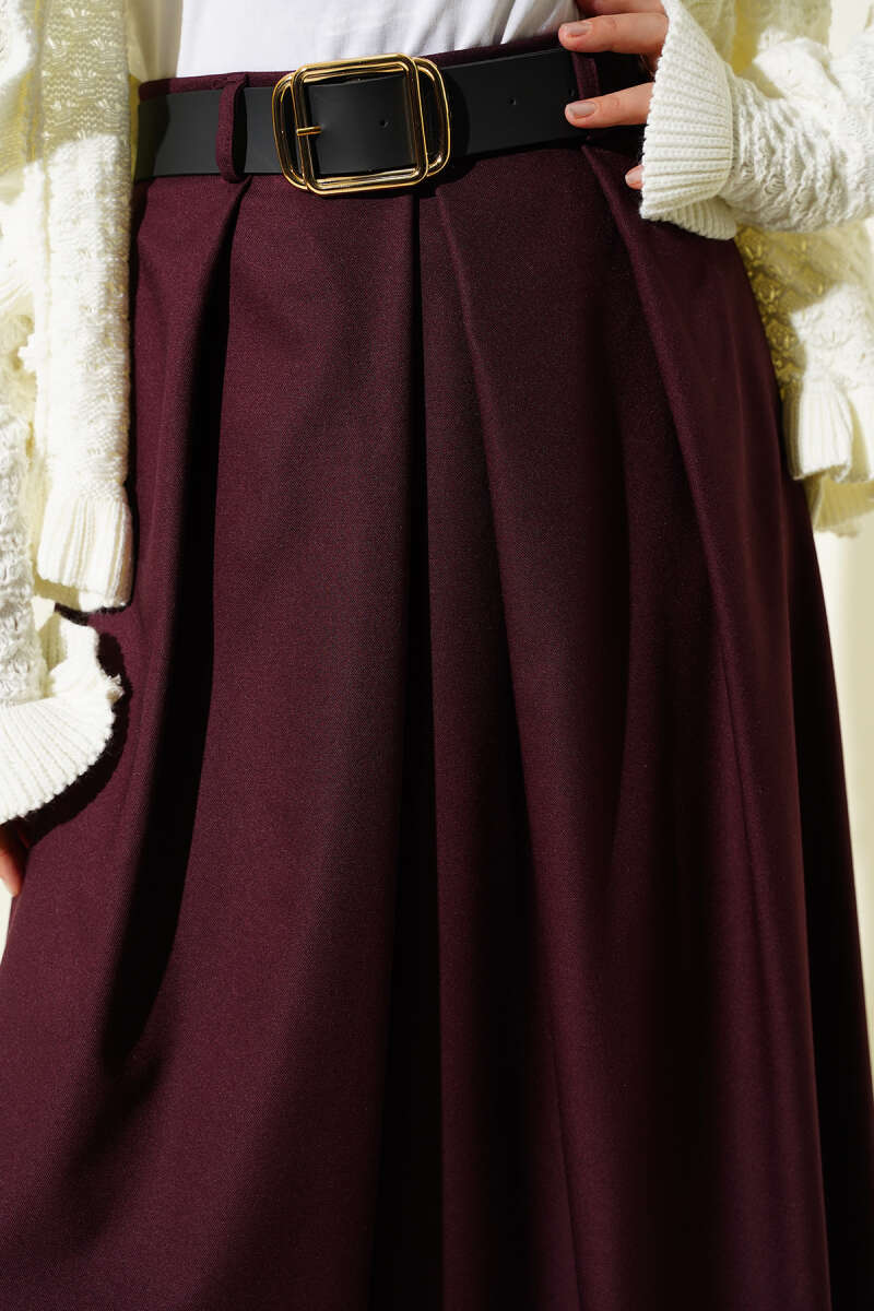 Belted Skirt with Pleat Detail - Burgundy